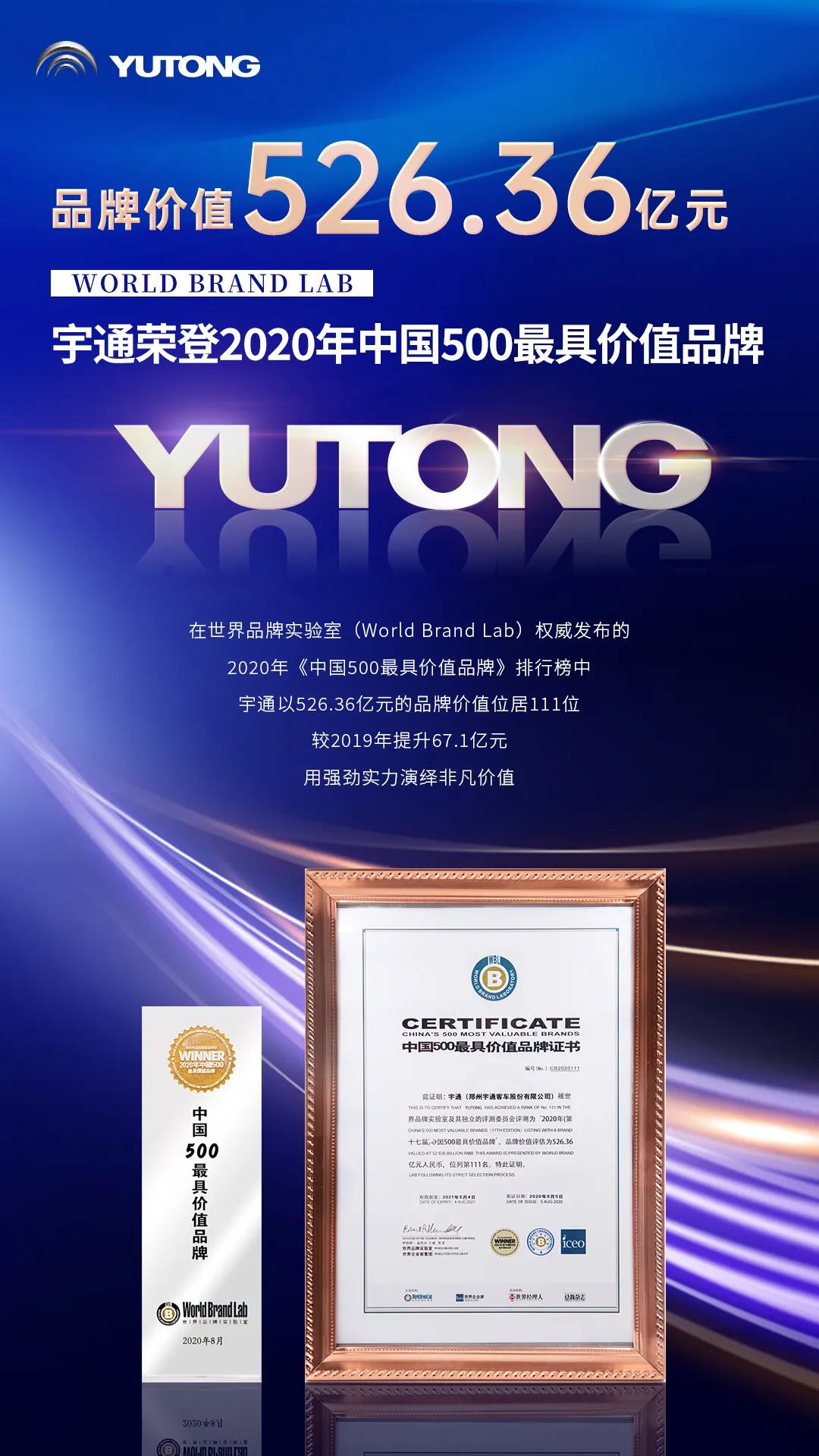品牌价值超525亿!宇通荣登“2020年中国500最具价值品牌” - 第1张 - 提加商用车网 品牌价值超525亿!宇通荣登“2020年中国500最具价值品牌” - 第1张