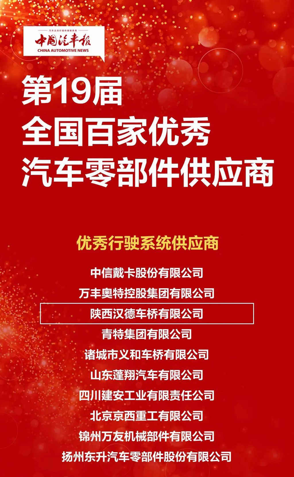 喜报 | 汉德车桥荣获第19届全国百家优秀汽车零部件供应商！ - 第1张