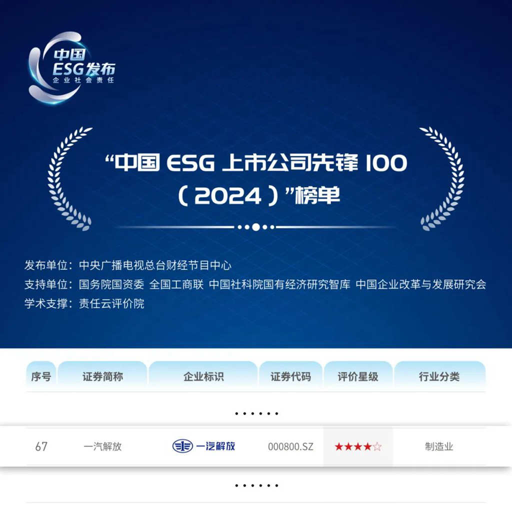 一汽解放连续两年入选“中国ESG上市公司先锋100”榜单 - 第1张