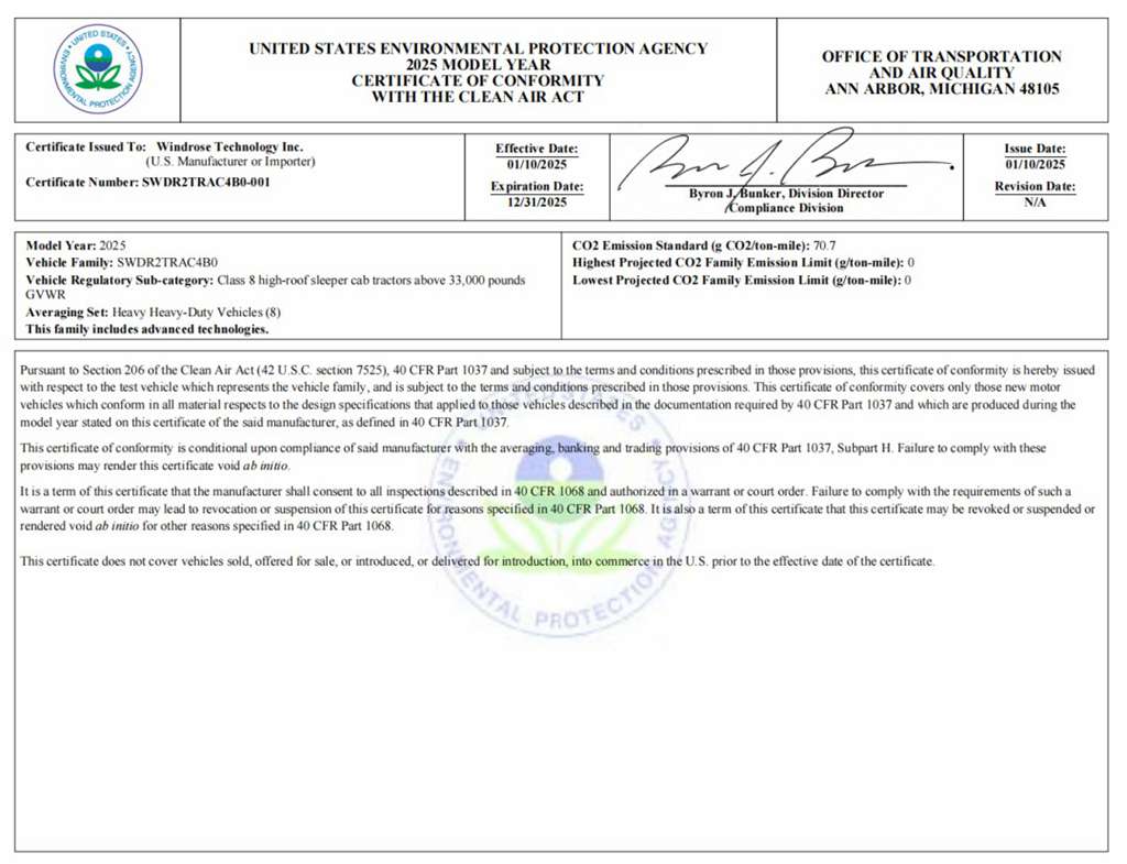 苇渡Windrose纯电重卡获美国EPA与CARB双认证,2026年开启北美交付 - 第3张 - 提加商用车网 苇渡Windrose纯电重卡获美国EPA与CARB双认证,2026年开启北美交付 - 第3张