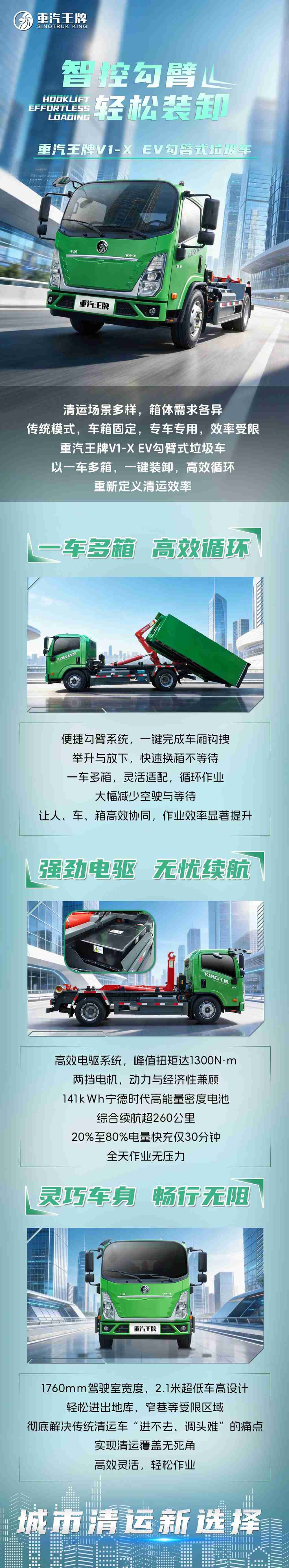 智控勾臂，轻松装卸，重汽王牌V1-X EV勾臂式垃圾车 - 第1张