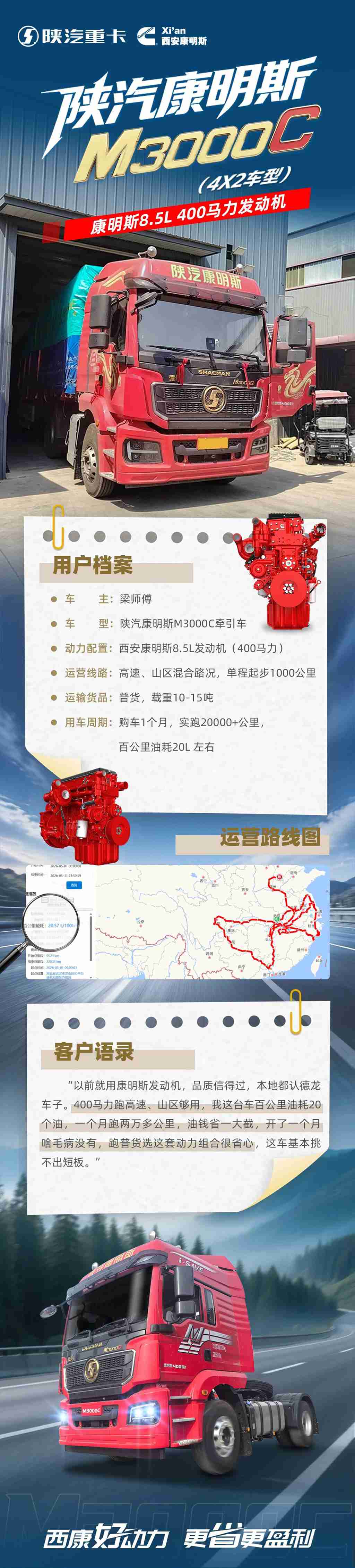 【客户故事】M3000C 4X2 牵引车+康明斯8.5L发动机，百公里油耗低至20L！ - 第1张