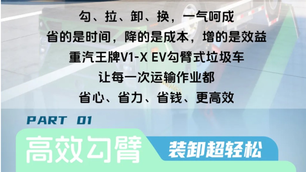 勾·拉·卸·换，一键搞定，轻松作业，重汽王牌V1-X EV勾臂式垃圾车！ - 第3张